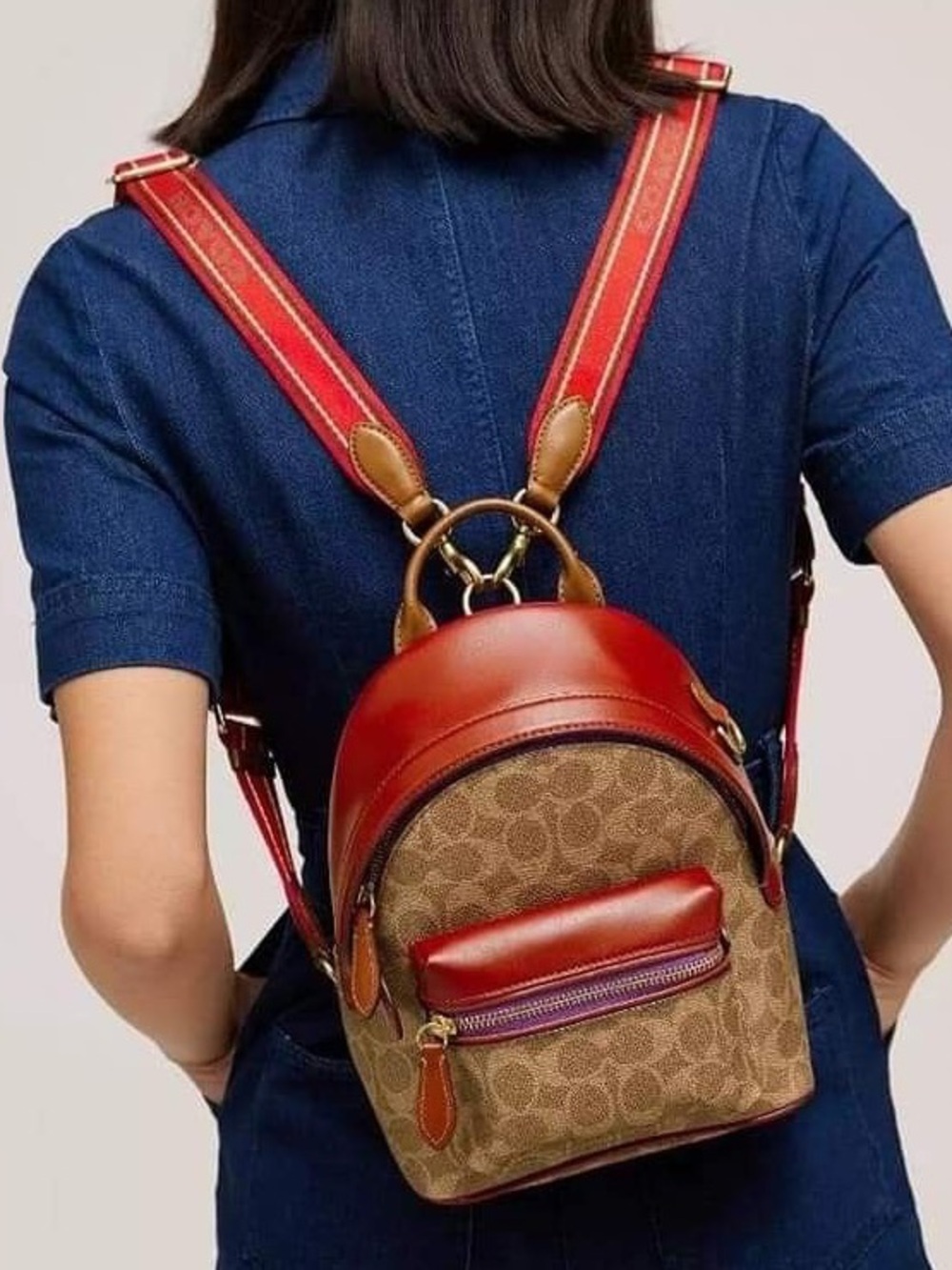 New Coach Charter Backpack in Signatr Coated Canvas & Leather: Red/Bge/Brw/Prpl.